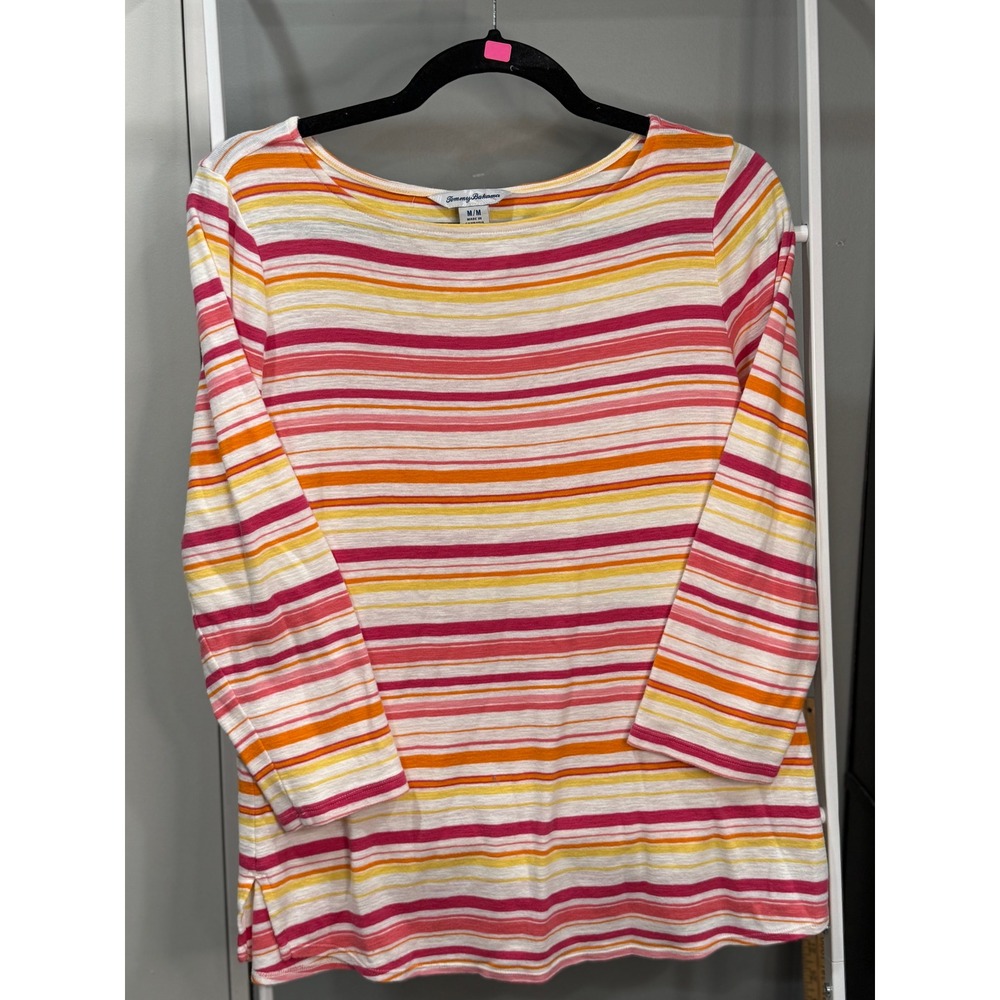 Tommy Bahama Womens Medium Pink Orange Striped Boat Neck 100% Cotton Top